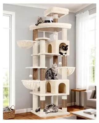 Produktbild von Kratzbaum Beige Groß XXL 209 cm hoch mit 2 Katzenhäusern, großer Plattform, 3 Körben, Sitzstangen, 8 Sisal-Kratzsäulen, stabiler Katzenbaum für mehrere große Katzen