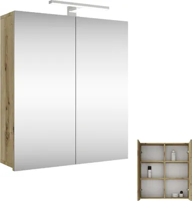 A bathroom cabinet with mirrored doors and an LED light, shown with a smaller, open version of the cabinet displaying shelves and bottles.