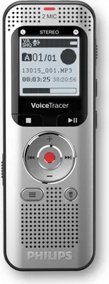 A silver Philips VoiceTracer digital voice recorder is shown against a white background.