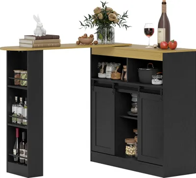 Produktbild von Ausziehbarer Bartisch, zu L-Form umwandelbar, viel Stauraum, 3 verstellbare Regale, Spanplatte, MDF, Schwarz