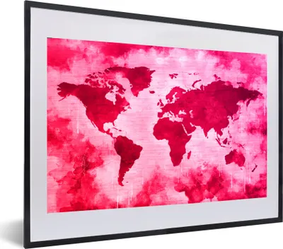 Produktbild von MuchoWow® MuchoWow® Gerahmtes Poster Weltkarte - Rot - Rosa 60x40 cm - Poster mit zchwarzem Bilderrahmen - Schlafzimmer - Plakat in Rahmen - Drucken