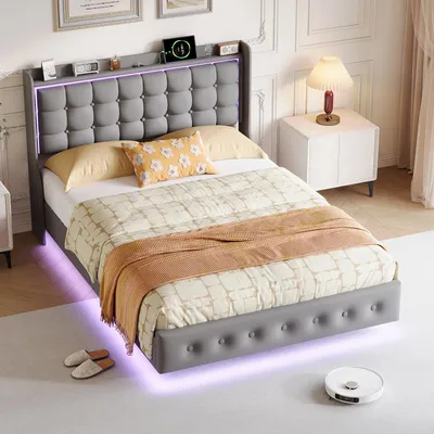 Produktbild von ProximaX LED Polsterbett 140x200 cm Dunkelgrau, Samt Bett mit LED-Beleuchtung & USB-Ladestation, 悬浮 bett, Modernes Schlafzimmerbett