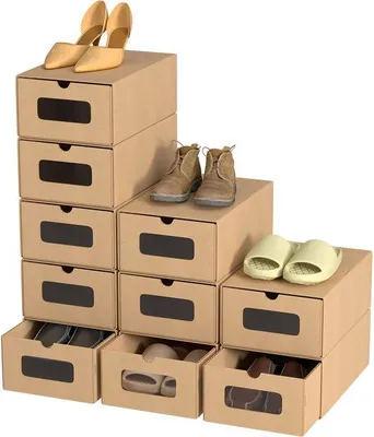 Zdjęcie produktu dla Pudełko na buty – składane pojemniki na buty – oszczędność miejsca – z okienkiem – 20 sztuk, rozmiar 45 – kolor brązowy