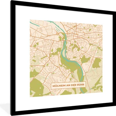 Produktbild von MuchoWow® Gerahmtes Poster Karte - Mülheim an der Ruhr - Vintage - Stadtplan 40x40 cm - Poster mit Schwarzem Bilderrahmen Wandposter Rahmen Foto Bilder - Poster - Plakat im Rahmen
