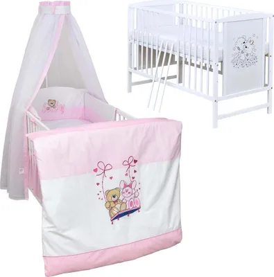 Produktbild von Baby-Delux Babybett Gitterbett Mia weiß 120×60 inkl. Matratze Bettwäsche Set 10tlg Schaukelfreunde