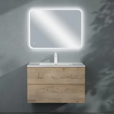 Immagine prodotto di doporro Mobile Bagno Sospeso Set Mobile da Bagno con Lavabo Integrato e Specchio LED | Mobile Sottolavabo 80cm Rovere Chiaroo | Lavandino in Marmoresina e 2 Cassetti Soft Close Seria Aqualis