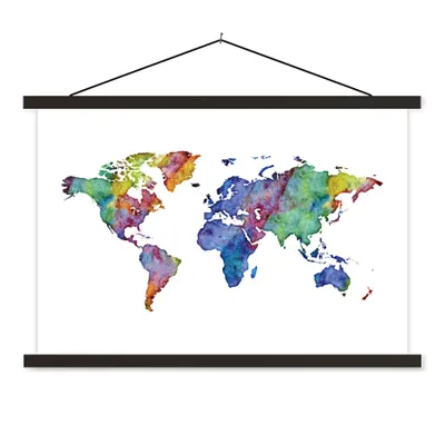 Produktbild von MuchoWow® Textilposter Weltkarte - Aquarell - Regenbogen 60x40 cm mit schwarzem Rahmen - Hölzernes