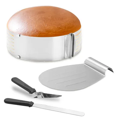 Zdjęcie produktu dla Zestaw do tortów Yakimz 4 sztuki ze stali nierdzewnej - podnośnik do tortów - nóż do tortów - pierścień do tortów 23-30 cm