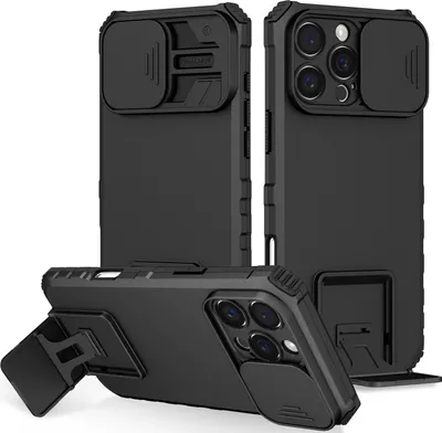Obrázek produktu pro Pouzdro pro iPhone 16 Pro Max dvouvrstvé robustní, vojenská ochrana pouzdro s stojánku a posuvnou ochranou kamery černé