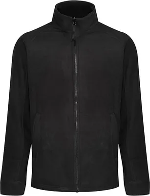 A black fleece jacket is shown against a white background.