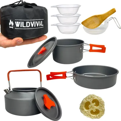 Produktbild von WILDVIVAL Outdoor Camping-Geschirr für 1-3 Personen, die Campingküche 12-teilig - Campingkocher-Survival Set mit Kochtopf, Bratpfanne, Wasserkessel - leichtes Aluminium, Festival Zubehör