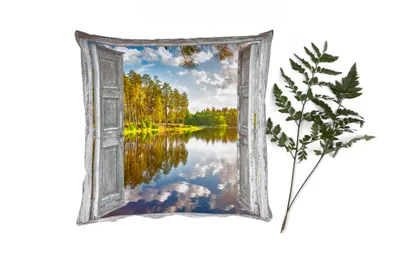 Produktbild von MuchoWow® Zierkissen Sofakissen Wohnzimmer Dekokissen 50x50 cm Wasser - Landschaft - Fenster - Aussicht - Komfort - Sofakissen