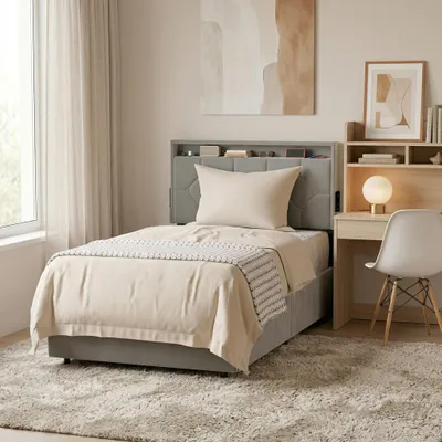 Produktbild von LZQ Polsterbett 90x200 cm mit 2 Schubladen, Einzelbett mit Stauraum & gepolstertem Kopfteil, Samt Bettgestell inkl. Lattenrost, ohne Matratze, Hellgrau