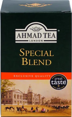A box of Ahmad Tea Special Blend with a historical illustration of a building and people.