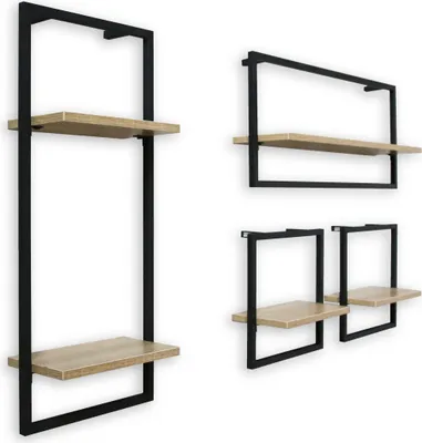 Produktbild von holz4home® 4-teiliges Wandregal Set MDF Sonoma I Schwarz gerahmt I inkl. Befestigungen aus Stahl für Schweberegal Industrial Flair