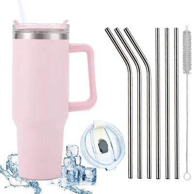Immagine prodotto di Tazza termica in acciaio inossidabile da 1200 ml con manico, 40 oz, a doppia parete, tazza da viaggio e da auto con cannuccia e coperchio antiversamento, rosa chiaro, 9 pezzi, 40 oz
