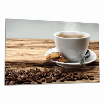 Produktbild von Wallario Herdabdeckplatte aus Glas, Größe 80 x 52 cm 2-teilig, Motiv Heiße Tasse Kaffee mit Kaffeebohnen