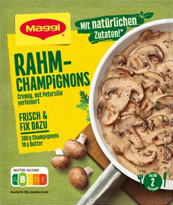Verpackungsbild Maggi Fix fuer Rahm Champignons cremige Sauce einfach zubereiten 36g