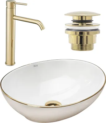 Produktbild von rea, 3-teiliges Waschbecken-Set, Gold, Edge, Aufsatzwaschbecken Sofia, Waschbeckenarmatur Lungo, Stöpsel, Sanitärkeramik, 0.41 m breit, langlebig, pflegeleicht, korrosionsgeschützt, für Aufsatzmontage, universell (mit/ohne Überlauf)