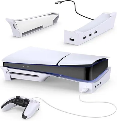 Produktbild von Horizontale standaard für PS5 Slim mit 4-Port-USB-Hub und Oplaaddock Accessoire - weiß