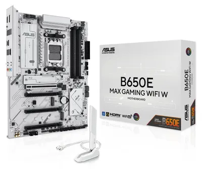 Obrázek produktu pro ASUS B650E MAX GAMING WIFI W, AMD, Zásuvka AM5, AMD Ryzen 7000 Series, AMD Ryzen 8000 Series, AMD Ryzen 9000 Series, Zásuvka AM5, DDR5-SDRAM, 256 GB