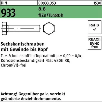 Produktbild von Reyher  Sechskantschrauben DIN 933 8.8 M 24x110 flZn (10 Stück)