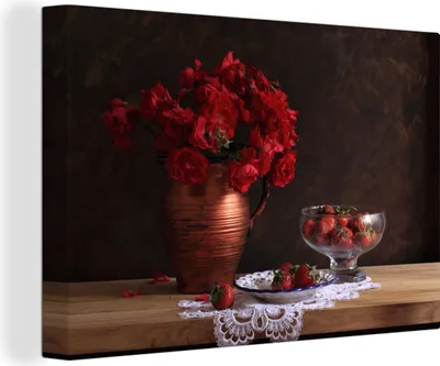 Produktbild von OneMillionCanvasses® - Leinwandbilder - 150x100 cm, Stilleben - Rosen - Erdbeeren, Wandbilder Kunstdruck Wanddekoration