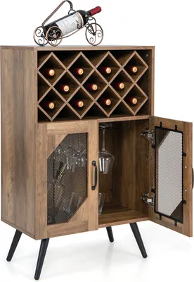 A wooden wine cabinet with a wine bottle holder on top.