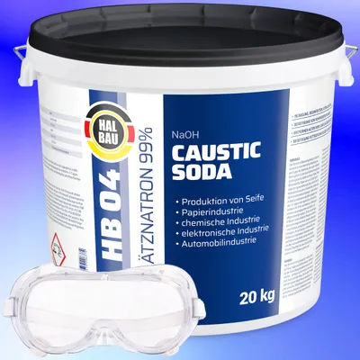 Produktbild von Rohrreiniger Ätzsoda Ölfarbentferner 20kg Eimer kaustisches Soda Natronlauge + Schutzbrille Arbeitskomfort Set HB04
