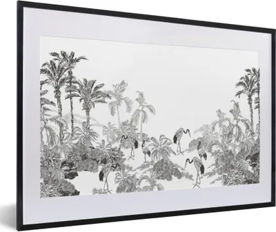 Produktbild von MuchoWow® Gerahmtes Poster Dschungel - Vögel - Schwarz - Weiß 60x40 cm - Poster mit Schwarzem Bilderrahmen Wandposter Rahmen Foto Bilder - Schlafzimmer - Plakat in Rahmen - Drucken