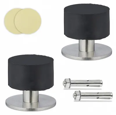 Image de Butées de porte Relaxdays, lot de 2, autocollantes ou à visser, acier inoxydable et caoutchouc, butées de sol et murales, noir/argent