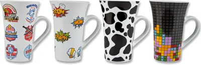 Four tall, white ceramic mugs with different designs are displayed side-by-side against a white background.