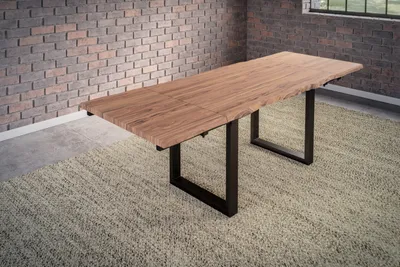 Produktbild von Esstisch Baumkante Akazie stone 160(260)x90 Ansteckplatten schwarz BARCELONA