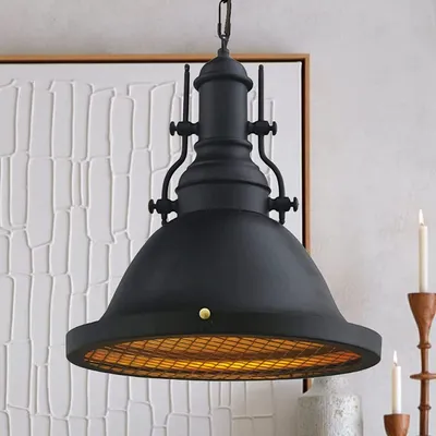 A black pendant light hangs in front of a textured white wall art.