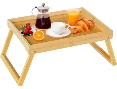 Immagine prodotto di Tavolino pieghevole con gambe ripiegabili, in bambù, color beige, dimensioni 47x28x20,5 cm