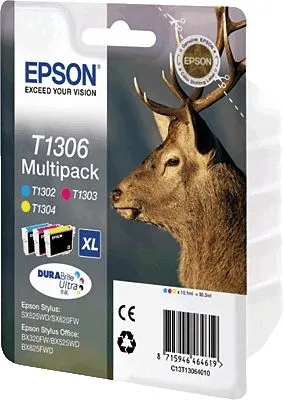 Produktbild von Epson Stag Multipack 3 Farben T1306 DURABrite Ultra Ink, Cyan, Magenta, Gelb, Tinte auf Pigmentbasis, 1 Stück(e), Multipack