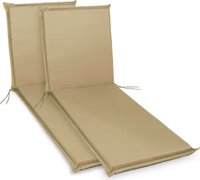 Two beige chaise lounge cushions are shown side-by-side on a white background.