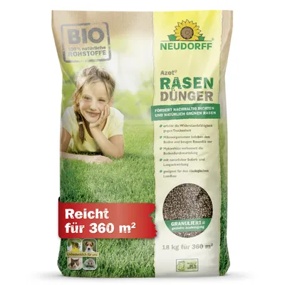 Produktbild von Neudorff Azet RasenDünger Frühjahr 18 kg für 360 qm - 100% natürliche Inhaltsstoffe - Dünger für Rasen sorgt für eine dichte, grüne und strapazierfähige Rasenfläche mit 6 Monaten Langzeitwirkung