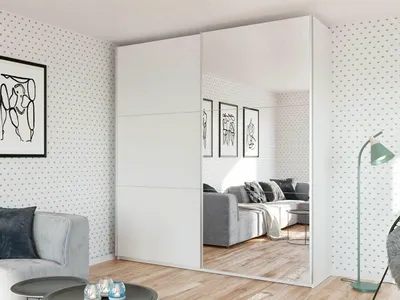 Produktbild von Schwebetürenschrank RODOS 225 cm mit Spiegel – Kleiderschrank modern, großer Schlafzimmer Schrank (Weiss)