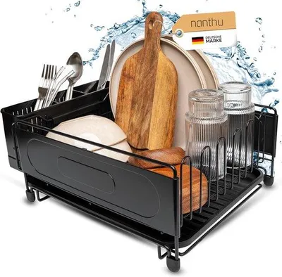 Imagen del producto de Unyqoos® - Escurreplatos de acero inoxidable con recubrimiento en polvo, color mate, con bandeja de recogida extraíble, cesto para cubiertos de 2 piezas, apto para platos de hasta 26 cm