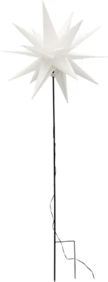 A white star-shaped garden stake light with a black pole and cord.