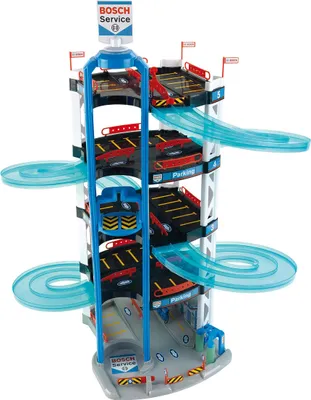 A toy car park garage with multiple levels and ramps.