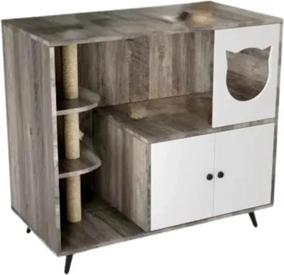 Image de Grand meuble caché pour chats Tavien - Étagères à 3 niveaux avec bac à litière - Armoire à litière 100x92x50 cm pour le salon