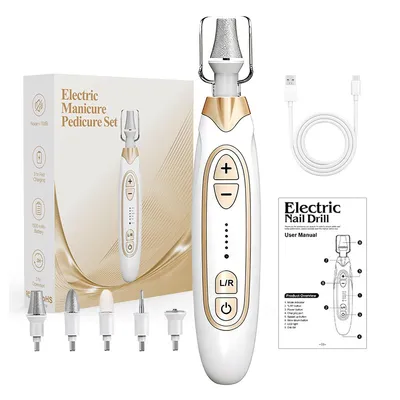 Produktbild von Komplettes Maniküre- & Pediküre-Set mit LED-Licht – Elektrische Nagelfeile mit 6 Aufsätzen, 20 Sandringen & 5 Geschwindigkeiten (Weiß)