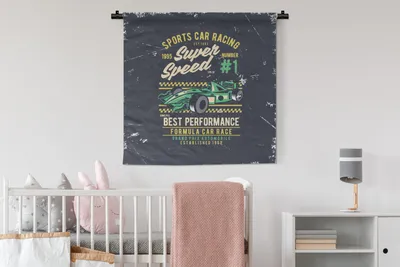 Produktbild von MuchoWow® Wandteppich Wandbehang Rennwagen - Grün - Vintage 90x90 cm Tapisserie Dekoration Wandtuch - Wandaufhänger