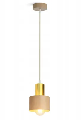 A modern pendant light with a beige shade and gold accents, suspended from a beige ceiling mount.