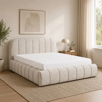 Produktbild von Home Collective Polsterbett 160x200 cm Creme | Doppelbett mit Stauraum & Metall-Lattenrost | Schlafzimmer & Jugendzimmer | Längspolsterung, KI-generiertes Bild