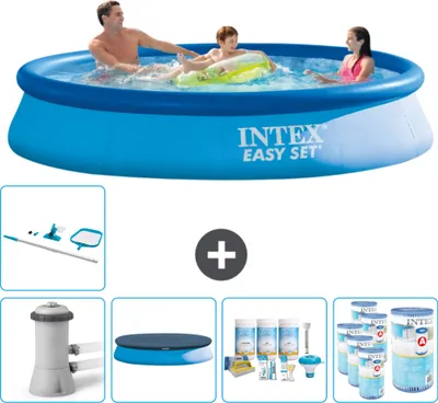Produktbild von Intex runder aufblasbarer Easy Set-Schwimmpool – 366 x 76 cm – Blau – inklusive Pumpe Abdeckung - Wartungspaket - Filter - Reinigungskit