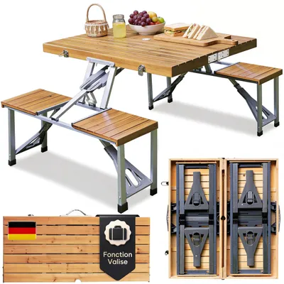 Image de DEUBA® Ensemble pliable table et 4 assises bois et aluminium stable avec poignée de transport léger camping pique-nique