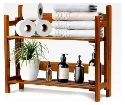Produktbild von Teakholz Schweberegale, Wandregal für das Badezimmer, Faltbares Holzregal mit Wandhalterung, 2 Ablagen